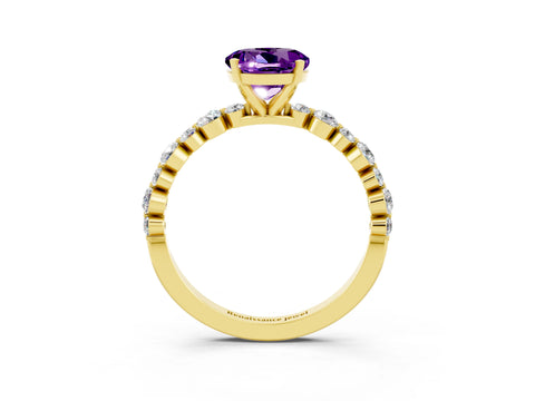 Yellow gold Round Cut Amethyst Prong Set Engagement Ring with Pavé Band_3