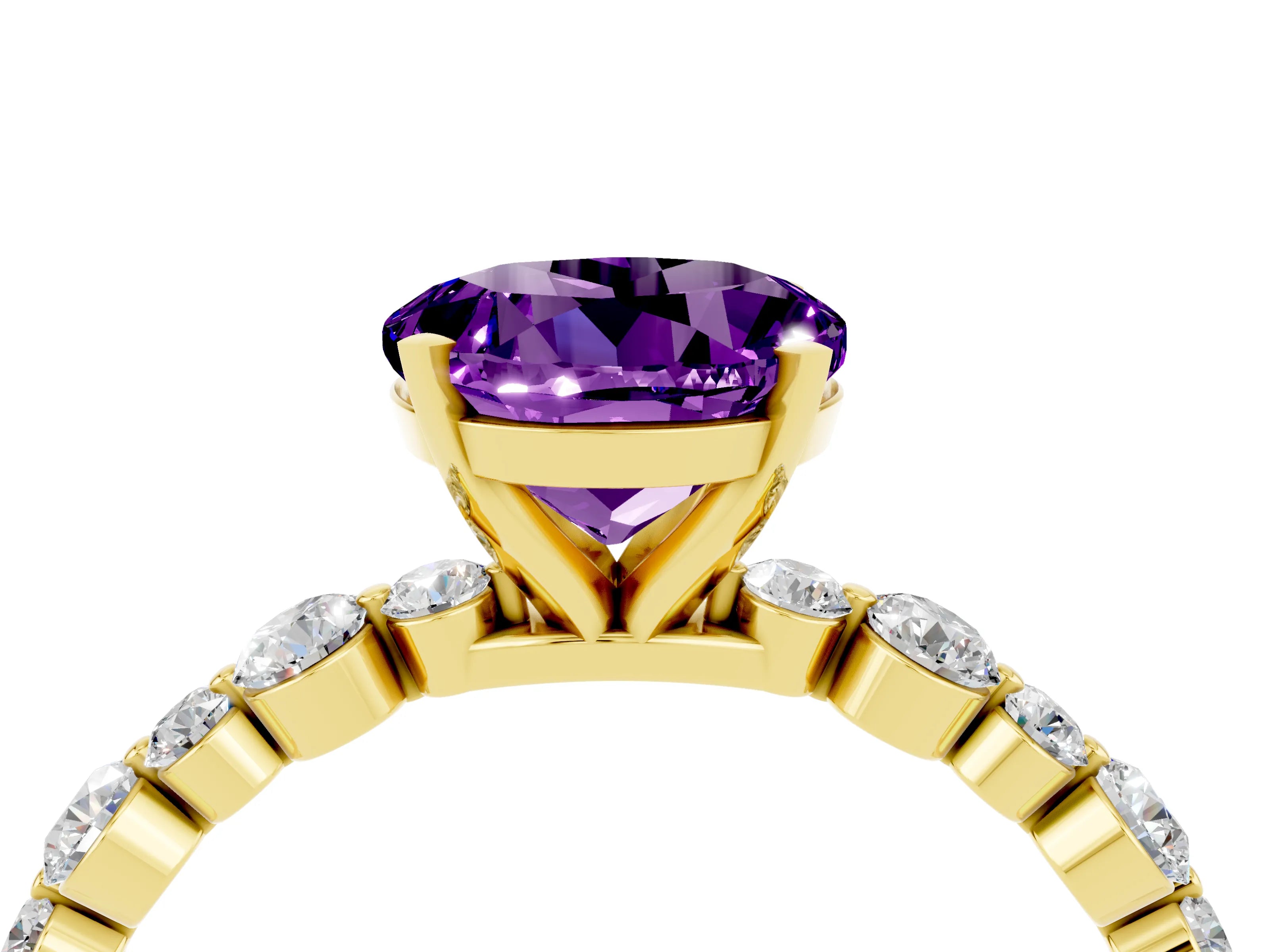 Yellow gold Round Cut Amethyst Prong Set Engagement Ring with Pavé Band_4