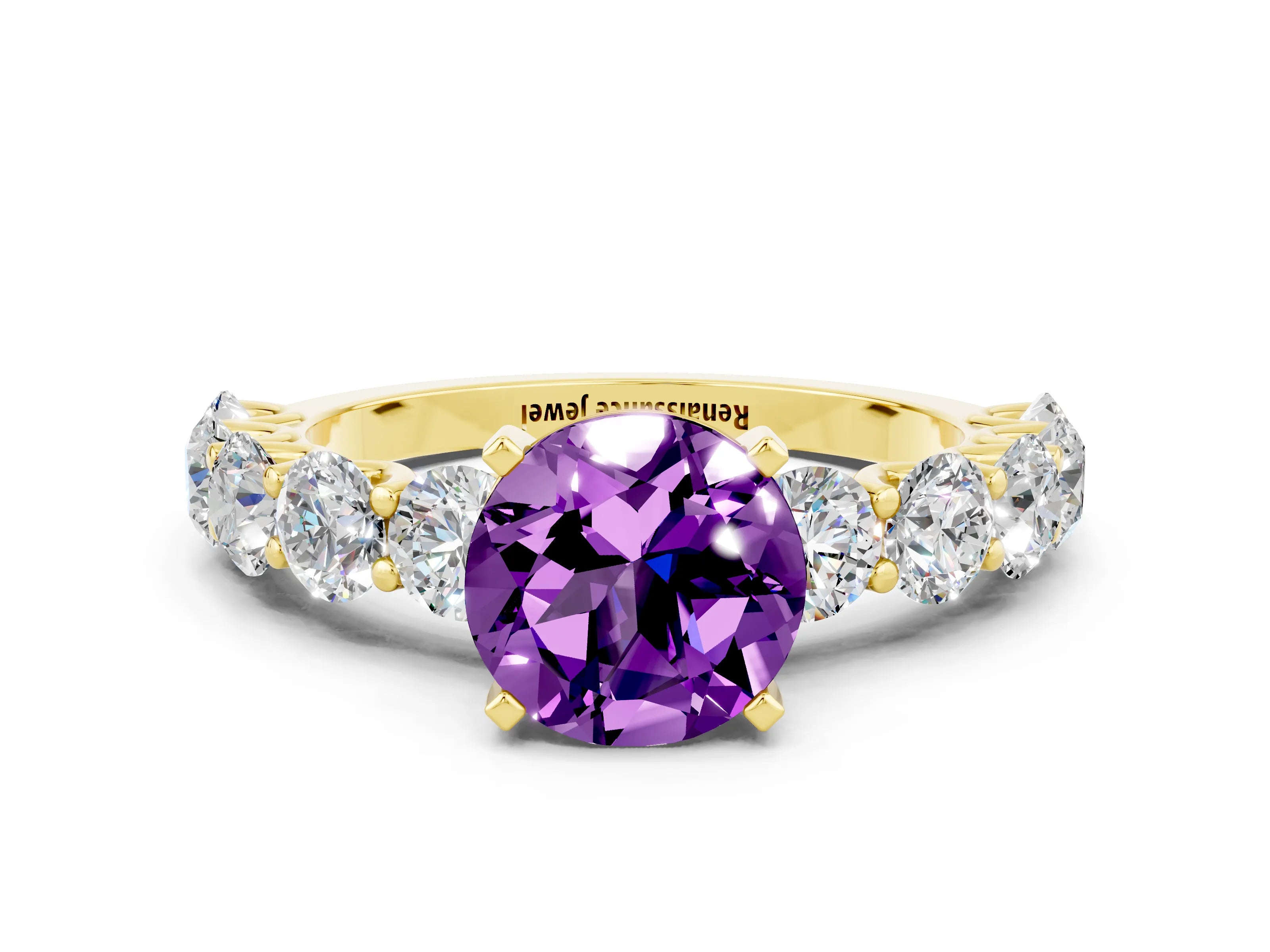 Yellow gold Round Cut Amethyst Prong Setting with Side Stones on a Pave Band