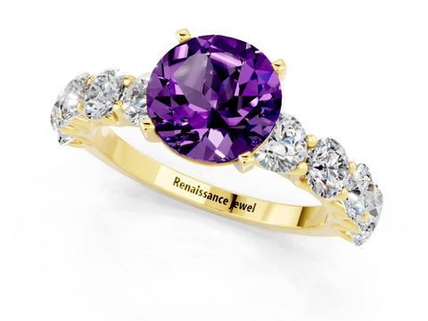Yellow gold Round Cut Amethyst Prong Setting with Side Stones on a Pave Band_1