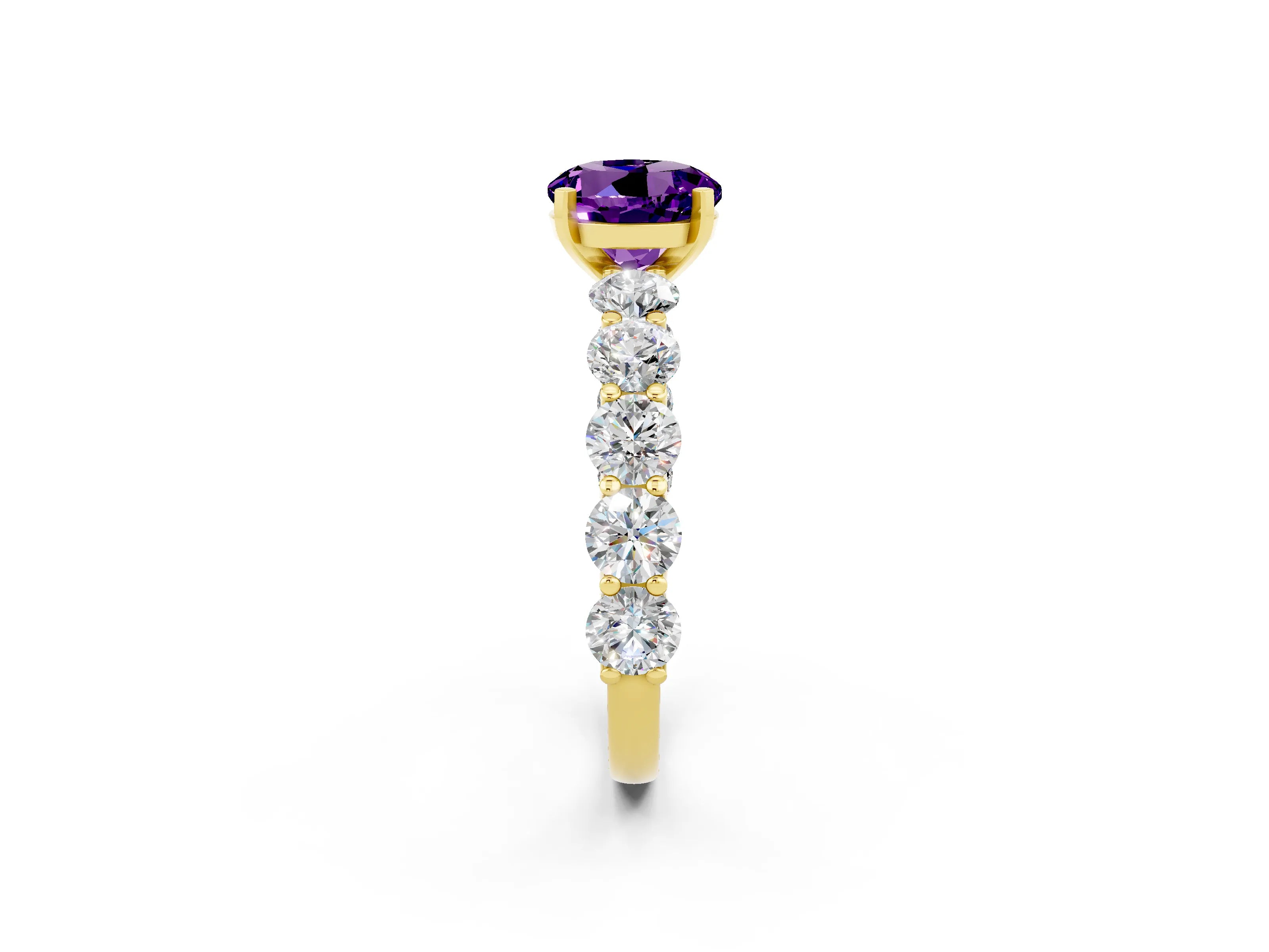 Yellow gold Round Cut Amethyst Prong Setting with Side Stones on a Pave Band_2