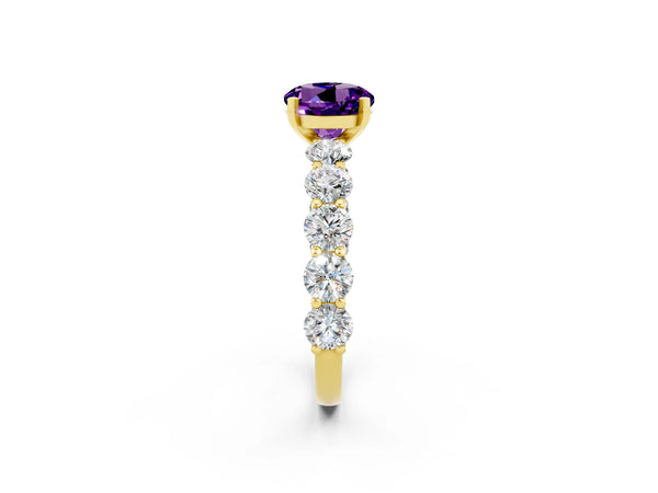 Yellow gold Round Cut Amethyst Prong Setting with Side Stones on a Pave Band
