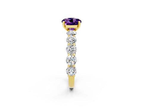 Yellow gold Round Cut Amethyst Prong Setting with Side Stones on a Pave Band_2