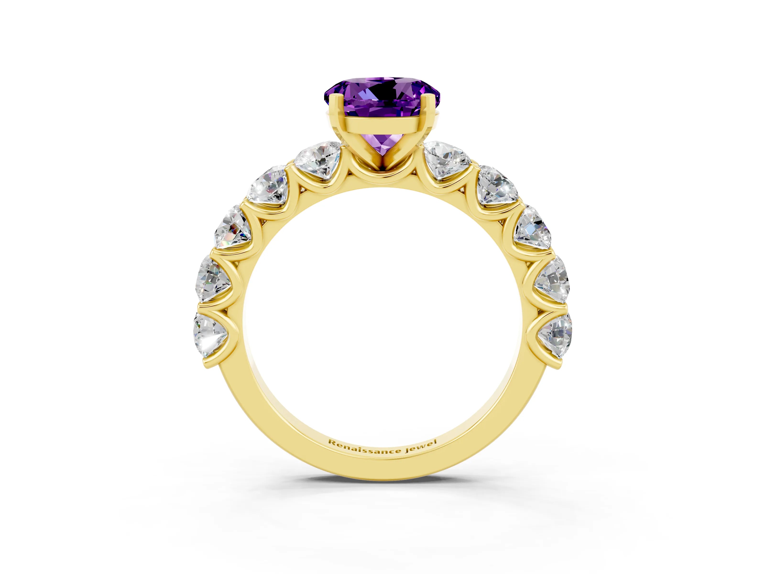 Yellow gold Round Cut Amethyst Prong Setting with Side Stones on a Pave Band_3