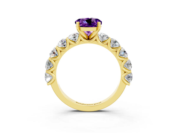 Yellow gold Round Cut Amethyst Prong Setting with Side Stones on a Pave Band