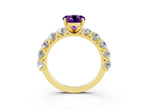 Yellow gold Round Cut Amethyst Prong Setting with Side Stones on a Pave Band_3