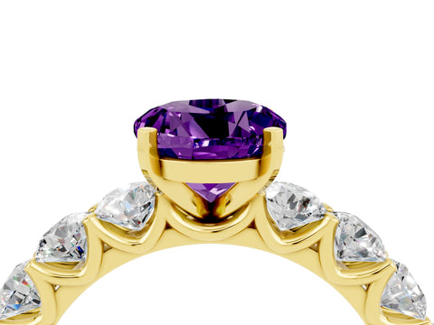 Yellow gold Round Cut Amethyst Prong Setting with Side Stones on a Pave Band_4