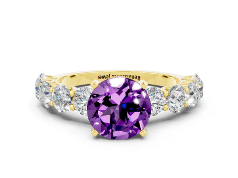 Yellow gold Round Cut Amethyst Prong Setting with Side Stones on a Pave Band