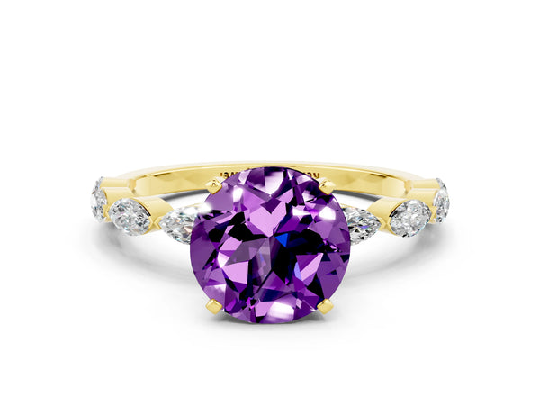 Yellow gold Round Cut Amethyst Ring with Marquise Side Stones and Prong Setting