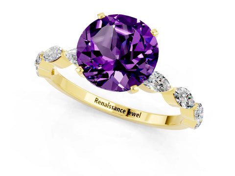 Yellow gold Round Cut Amethyst Ring with Marquise Side Stones and Prong Setting_1