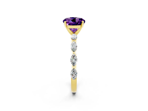 Yellow gold Round Cut Amethyst Ring with Marquise Side Stones and Prong Setting