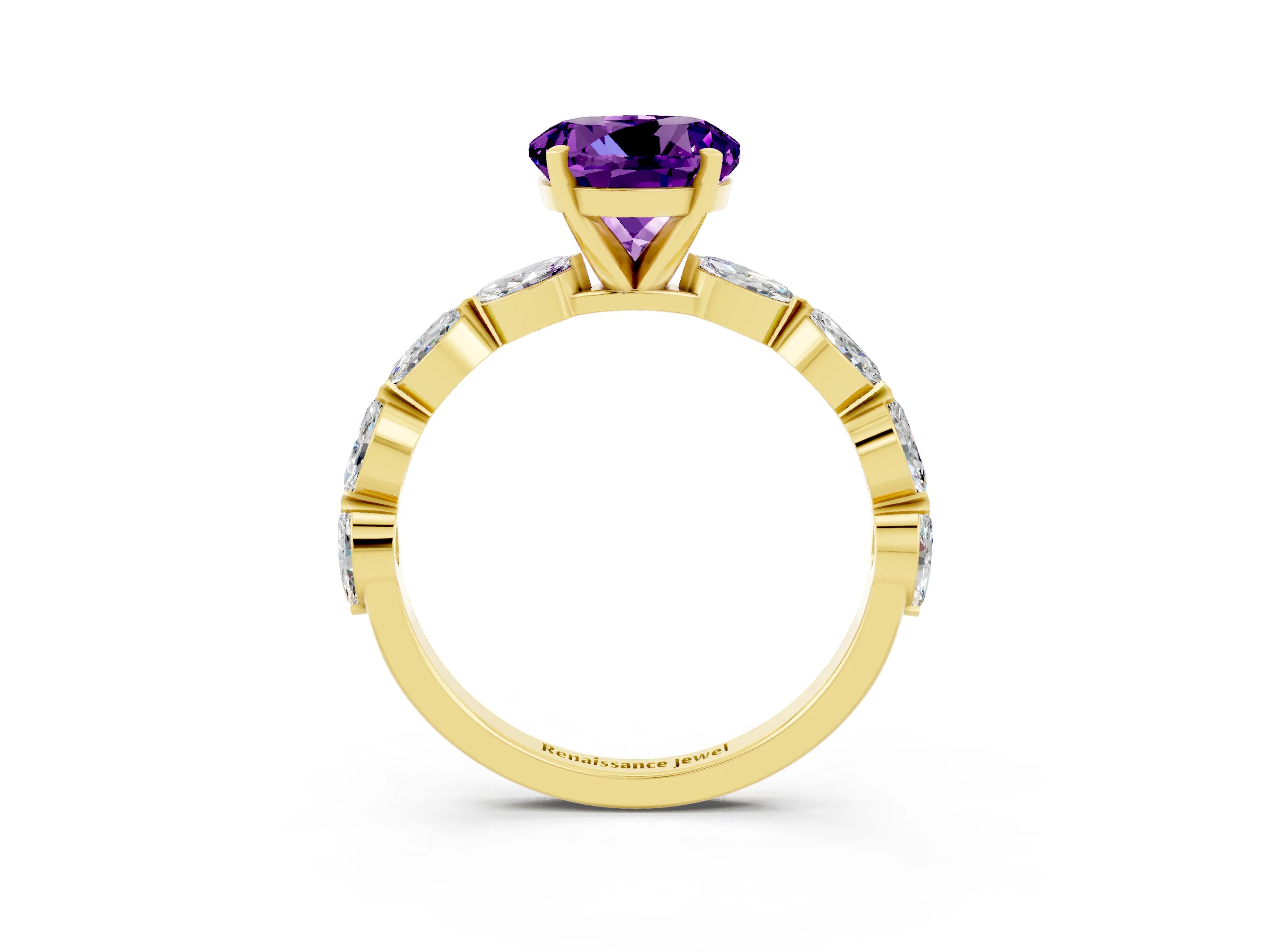Yellow gold Round Cut Amethyst Ring with Marquise Side Stones and Prong Setting_3