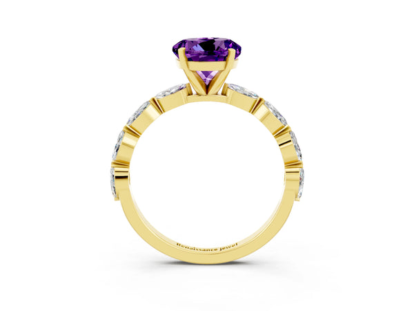 Yellow gold Round Cut Amethyst Ring with Marquise Side Stones and Prong Setting