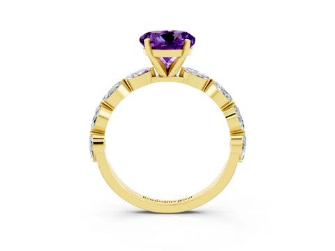 Yellow gold Round Cut Amethyst Ring with Marquise Side Stones and Prong Setting_3