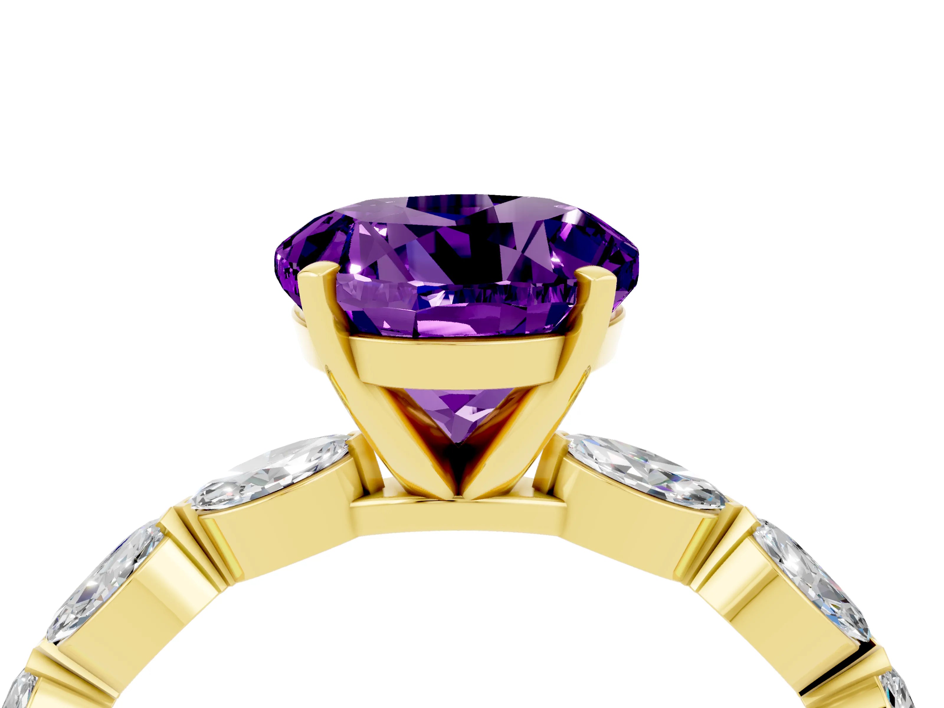 Yellow gold Round Cut Amethyst Ring with Marquise Side Stones and Prong Setting_4