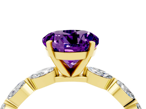 Yellow gold Round Cut Amethyst Ring with Marquise Side Stones and Prong Setting_4