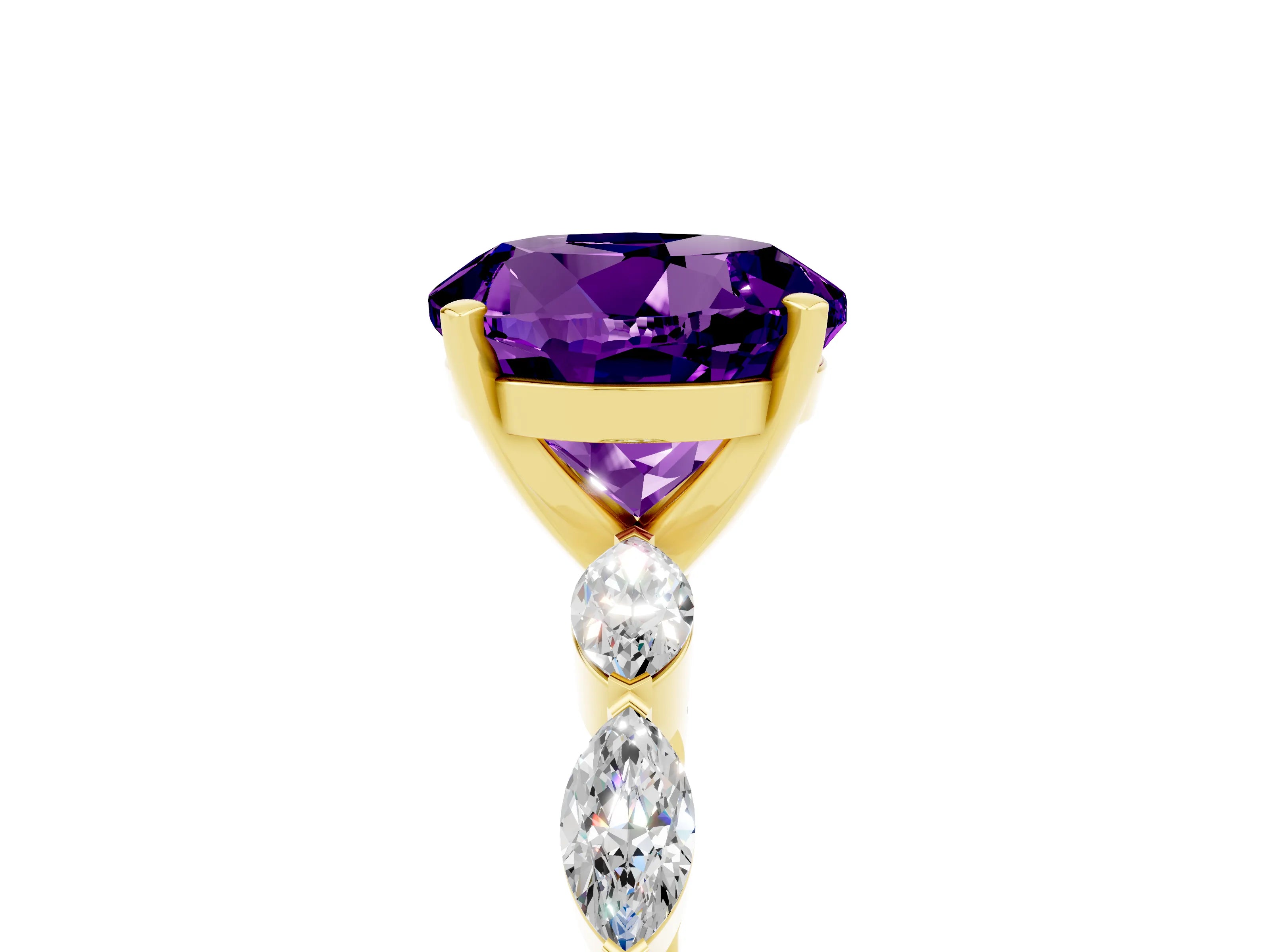 Yellow gold Round Cut Amethyst Ring with Marquise Side Stones and Prong Setting_5