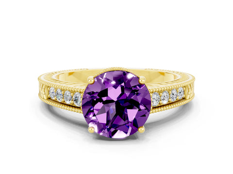 Yellow gold Round Cut Amethyst Ring with Milgrain Pavé Band and Four-Prong Setting_12