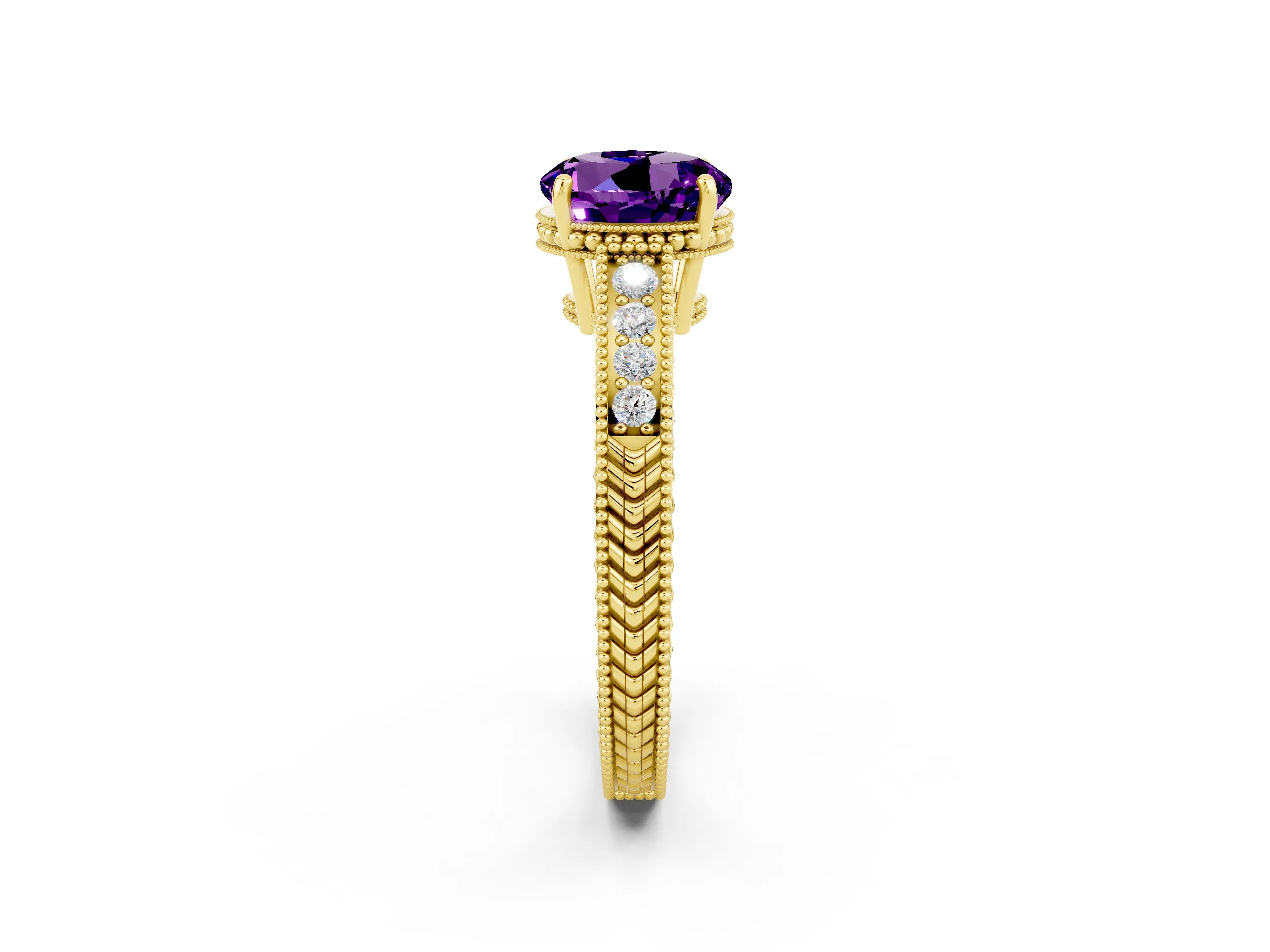 Yellow gold Round Cut Amethyst Ring with Milgrain Pavé Band and Four-Prong Setting_14