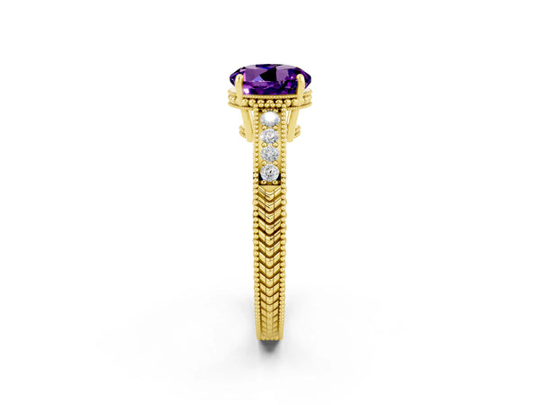 Yellow gold Round Cut Amethyst Ring with Milgrain Pavé Band and Four-Prong Setting