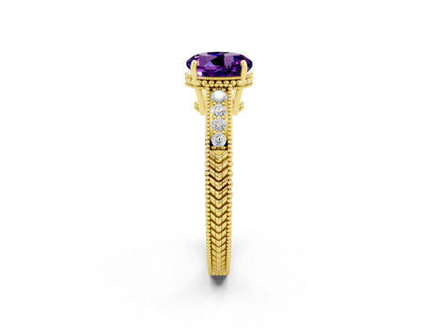 Yellow gold Round Cut Amethyst Ring with Milgrain Pavé Band and Four-Prong Setting_14