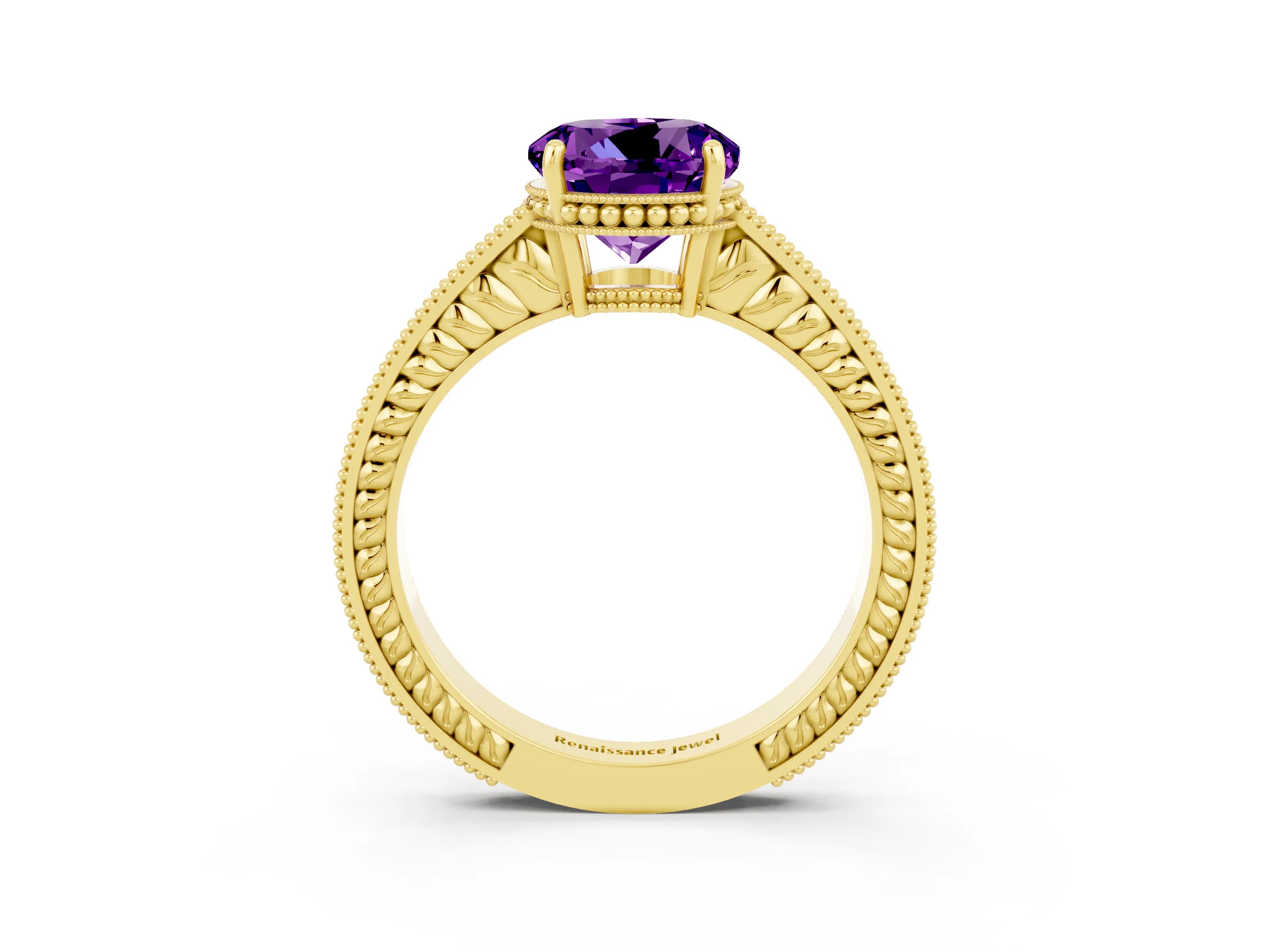 Yellow gold Round Cut Amethyst Ring with Milgrain Pavé Band and Four-Prong Setting_15