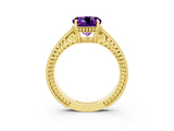 Yellow gold Round Cut Amethyst Ring with Milgrain Pavé Band and Four-Prong Setting_15