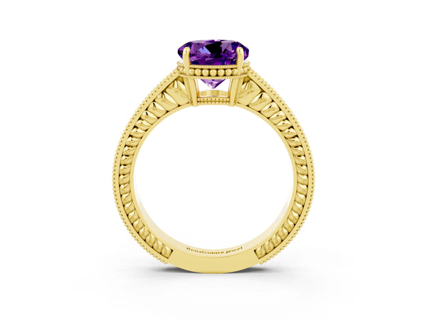 Yellow gold Round Cut Amethyst Ring with Milgrain Pavé Band and Four-Prong Setting