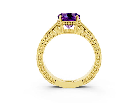 Yellow gold Round Cut Amethyst Ring with Milgrain Pavé Band and Four-Prong Setting_15