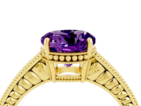 Yellow gold Round Cut Amethyst Ring with Milgrain Pavé Band and Four-Prong Setting_16
