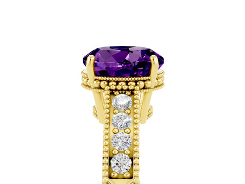 Yellow gold Round Cut Amethyst Ring with Milgrain Pavé Band and Four-Prong Setting_17