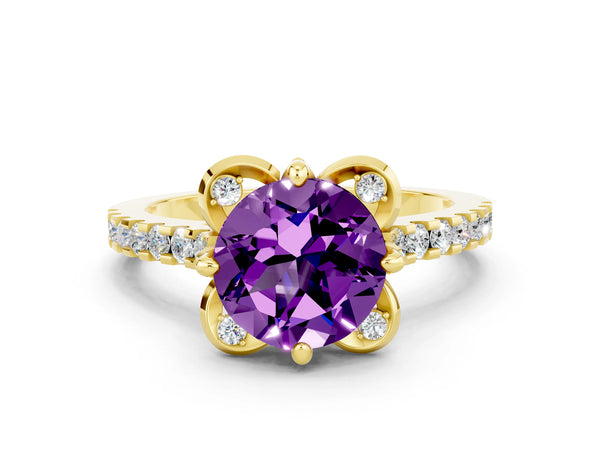Yellow gold Round Cut Amethyst Ring with Pavé Band and Floral Prong Setting