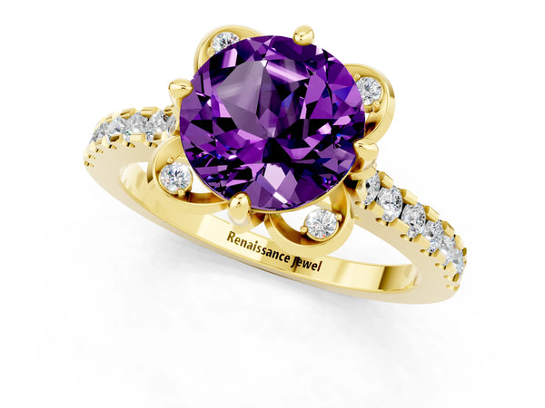Yellow gold Round Cut Amethyst Ring with Pavé Band and Floral Prong Setting
