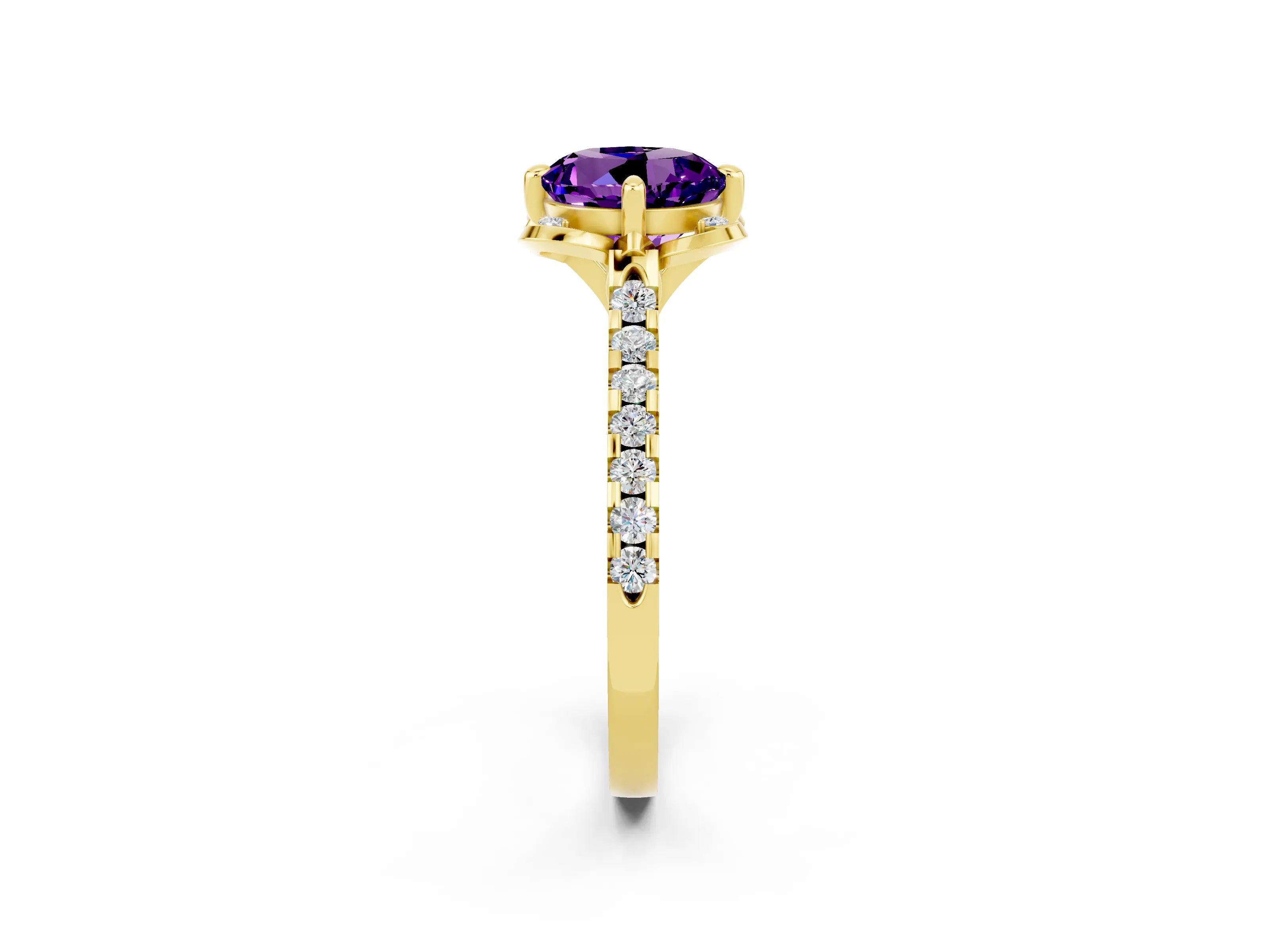 Yellow gold Round Cut Amethyst Ring with Pavé Band and Floral Prong Setting_2