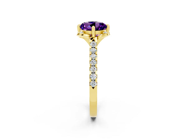 Yellow gold Round Cut Amethyst Ring with Pavé Band and Floral Prong Setting