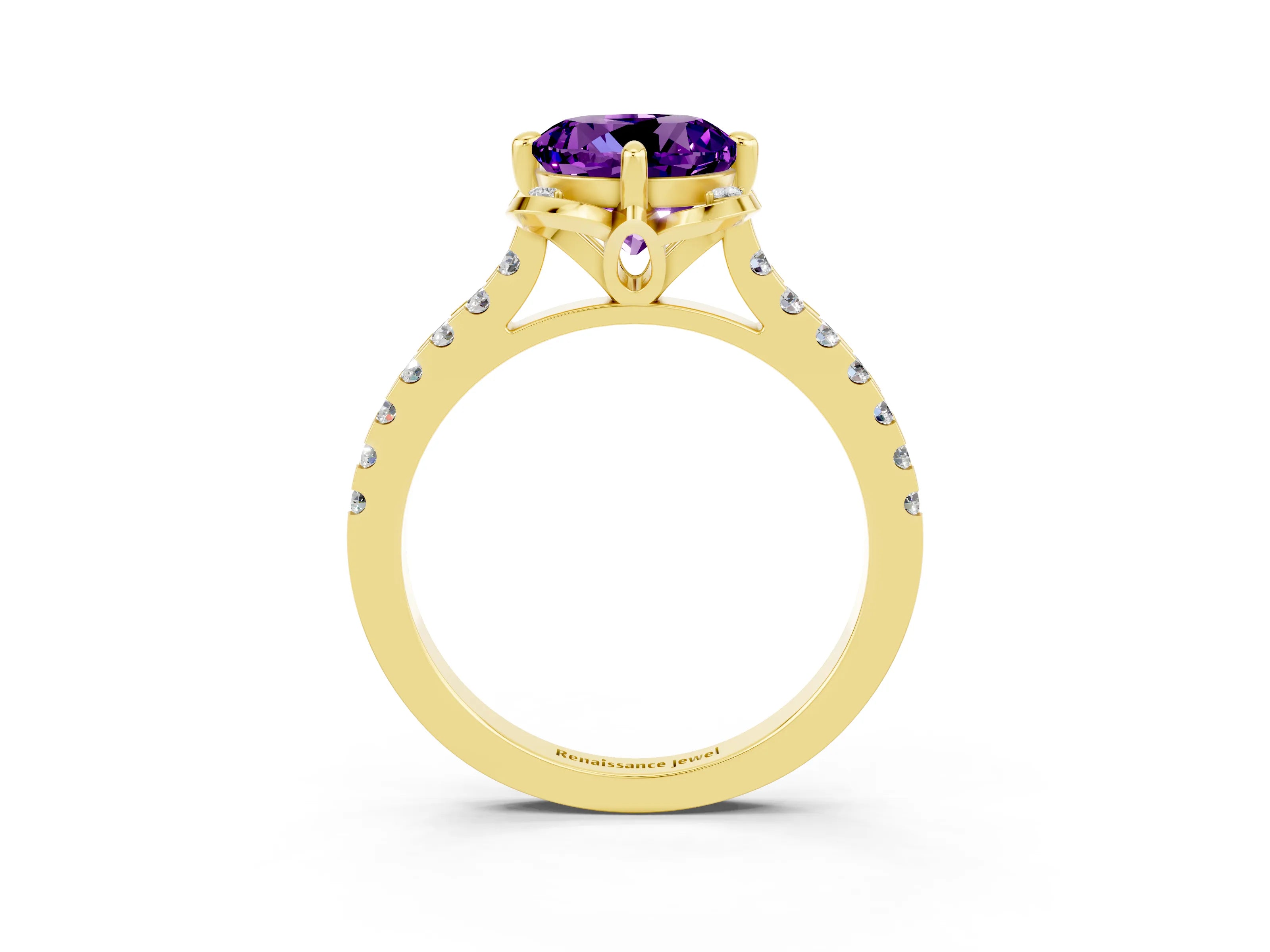 Yellow gold Round Cut Amethyst Ring with Pavé Band and Floral Prong Setting_3