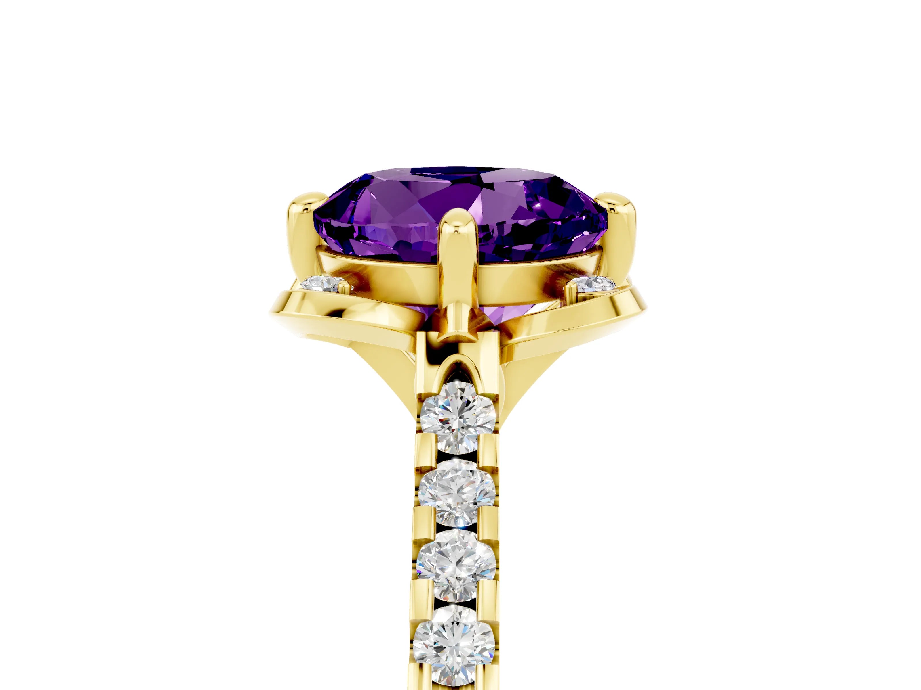 Yellow gold Round Cut Amethyst Ring with Pavé Band and Floral Prong Setting_5