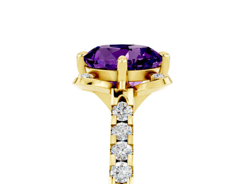 Yellow gold Round Cut Amethyst Ring with Pavé Band and Floral Prong Setting_5