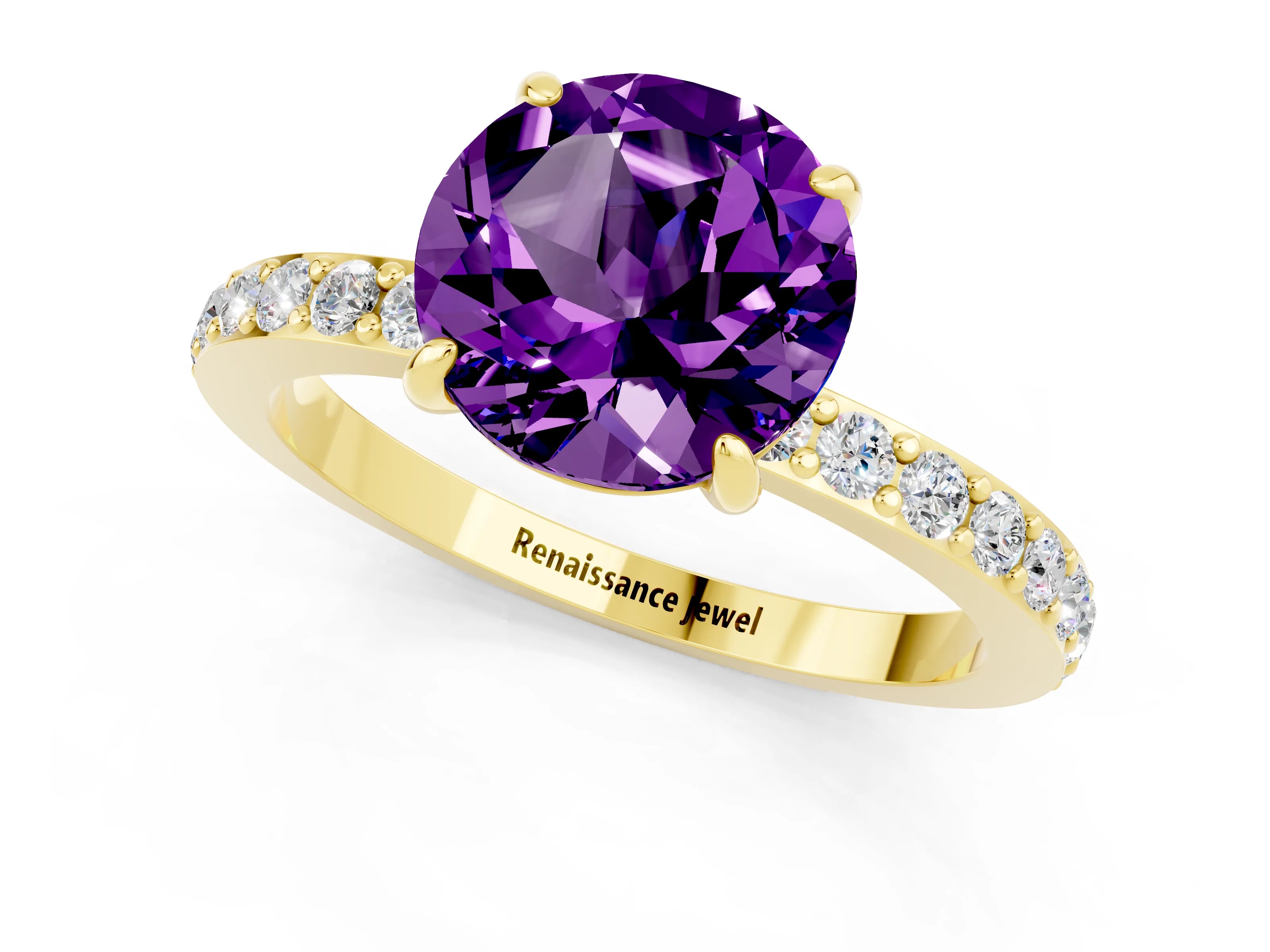 Yellow gold Round Cut Amethyst Ring with Pavé Band and Four-Prong Setting_1