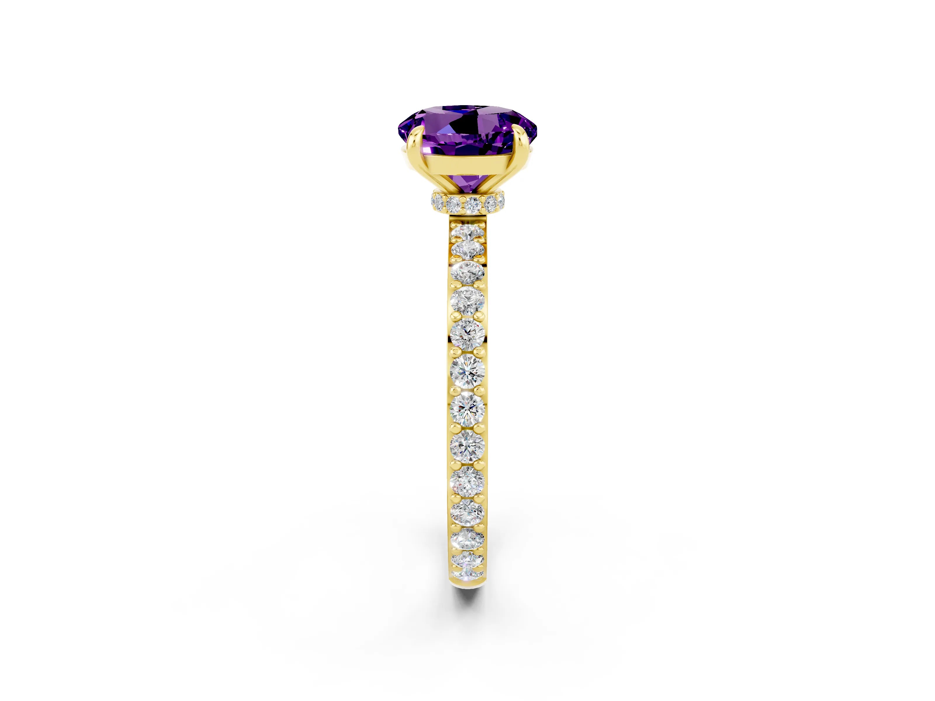 Yellow gold Round Cut Amethyst Ring with Pavé Band and Four-Prong Setting_2
