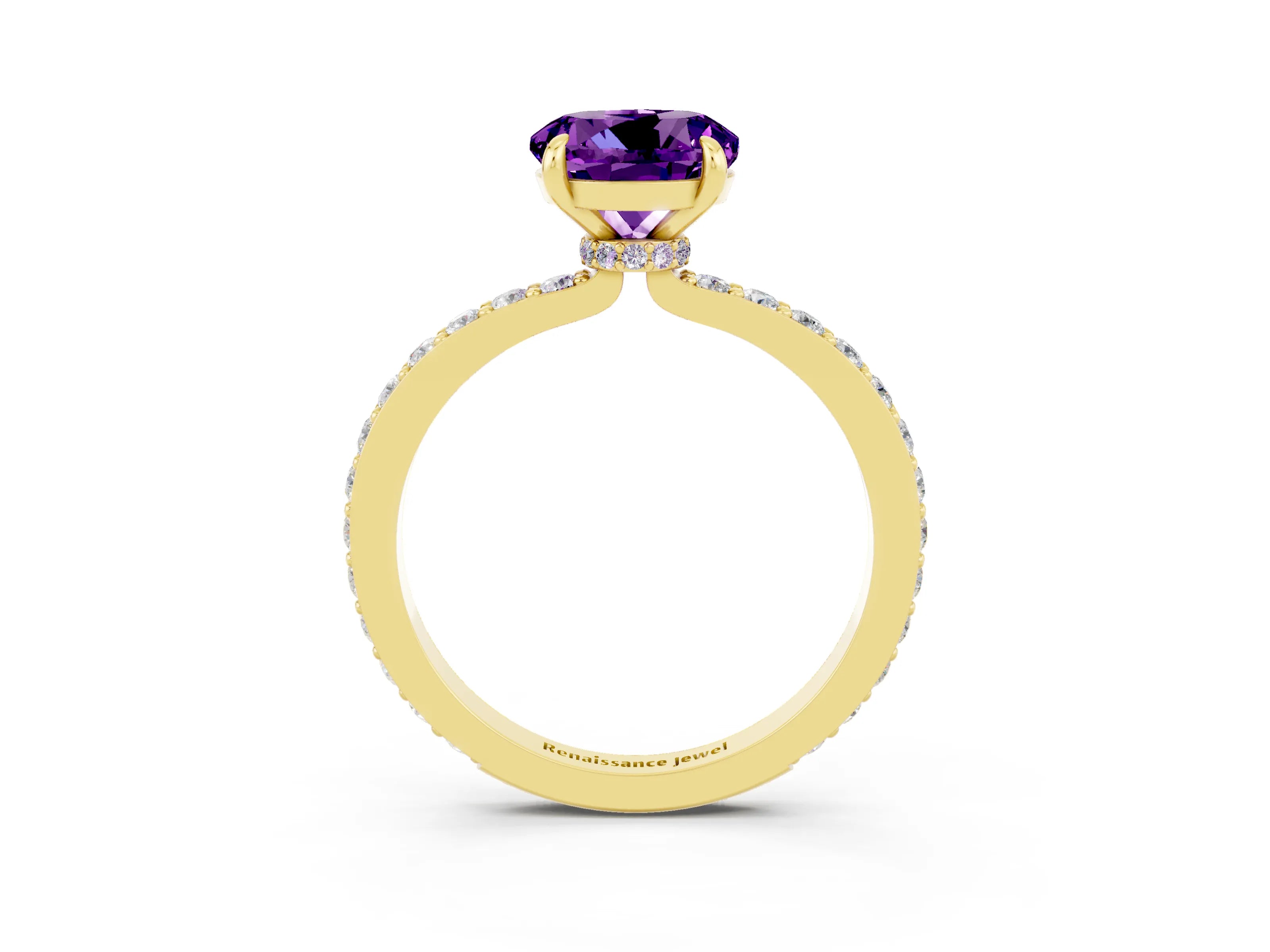 Yellow gold Round Cut Amethyst Ring with Pavé Band and Four-Prong Setting_3