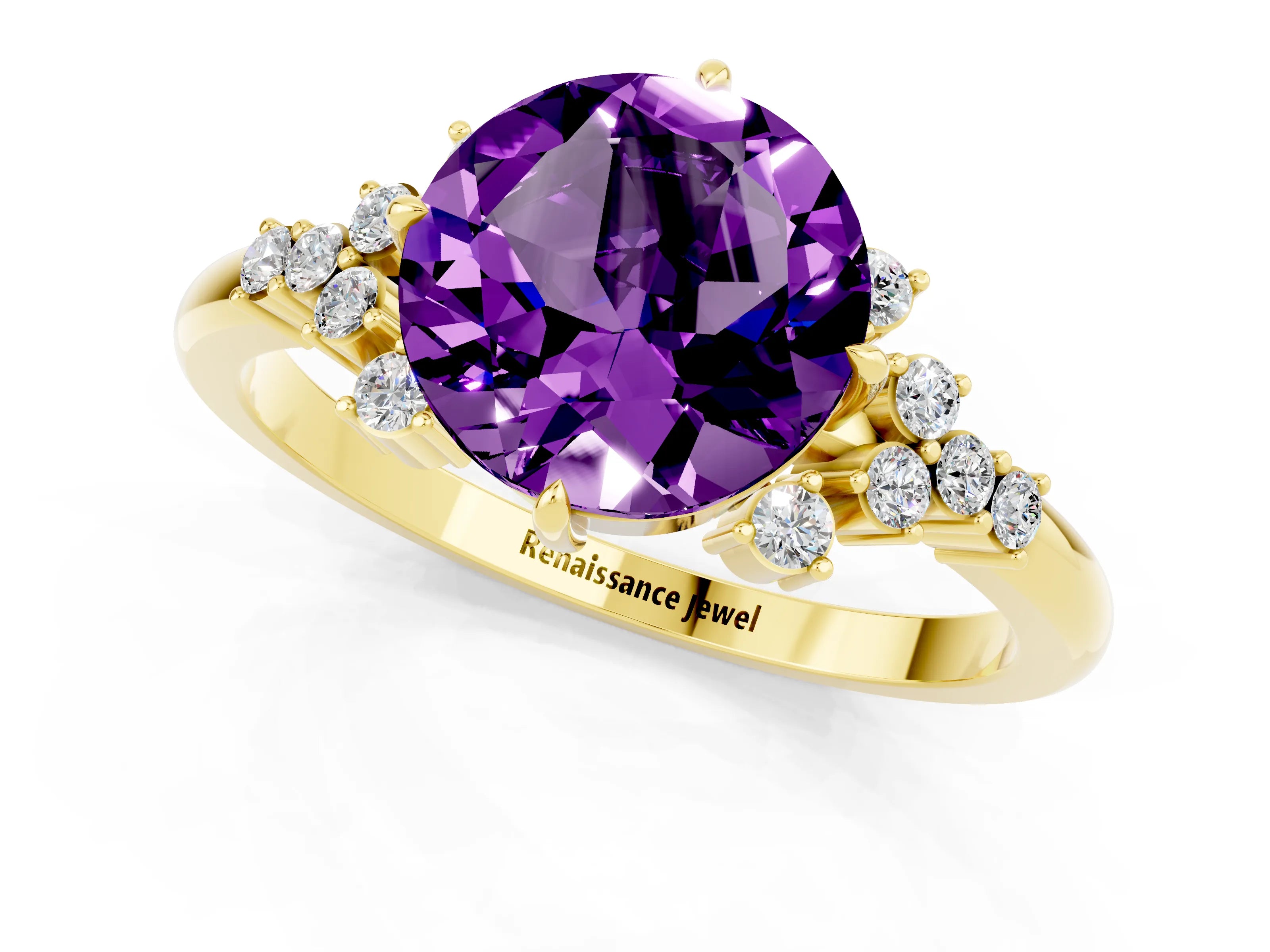 Yellow gold Round Cut Amethyst Ring with Side Stones and Four-Prong Setting_37