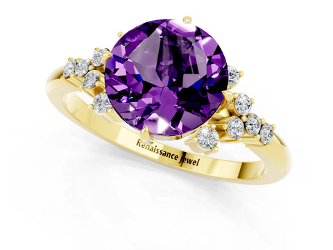 Yellow gold Round Cut Amethyst Ring with Side Stones and Four-Prong Setting_37