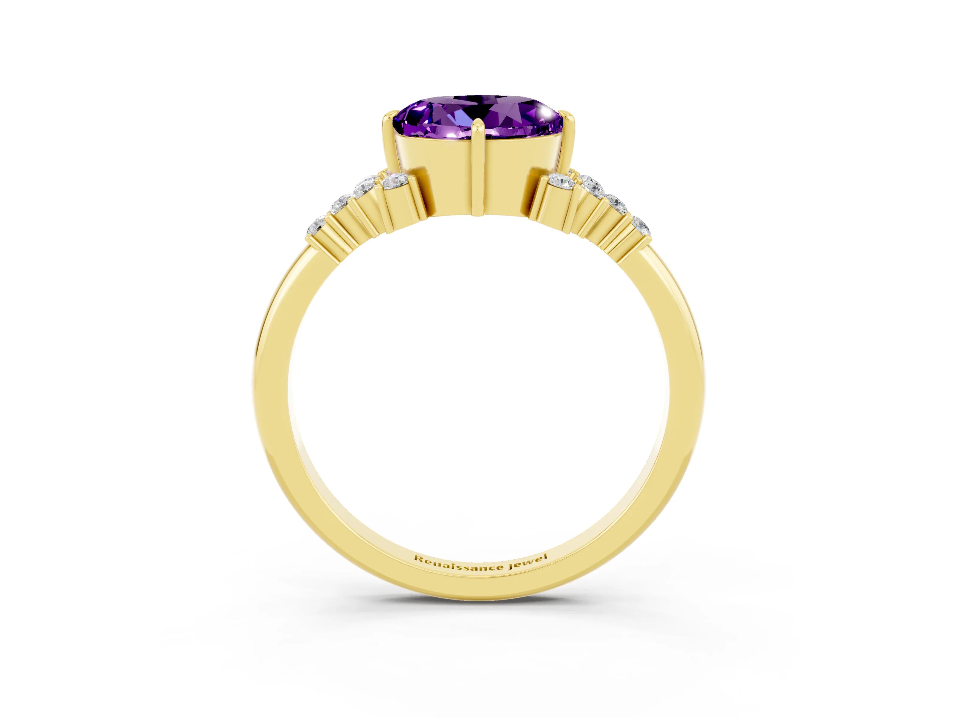 Yellow gold Round Cut Amethyst Ring with Side Stones and Four-Prong Setting_39