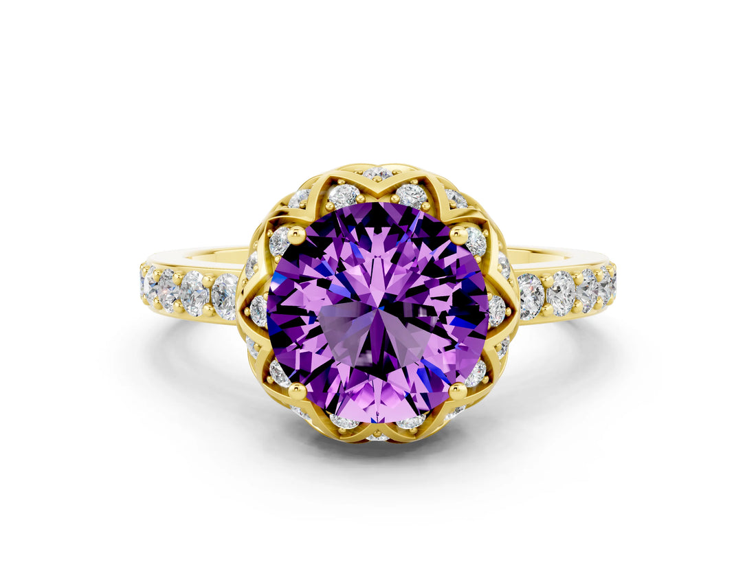Yellow gold Round Cut Amethyst Scalloped Halo Engagement Ring with Round Shared Prong Band_24