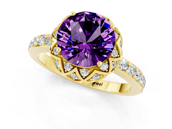 Yellow gold Round Cut Amethyst Scalloped Halo Engagement Ring with Round Shared Prong Band