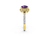 Yellow gold Round Cut Amethyst Scalloped Halo Engagement Ring with Round Shared Prong Band_26