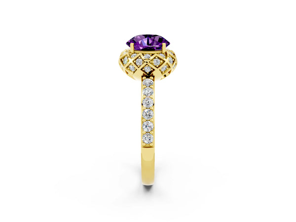 Yellow gold Round Cut Amethyst Scalloped Halo Engagement Ring with Round Shared Prong Band