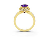 Yellow gold Round Cut Amethyst Scalloped Halo Engagement Ring with Round Shared Prong Band_27