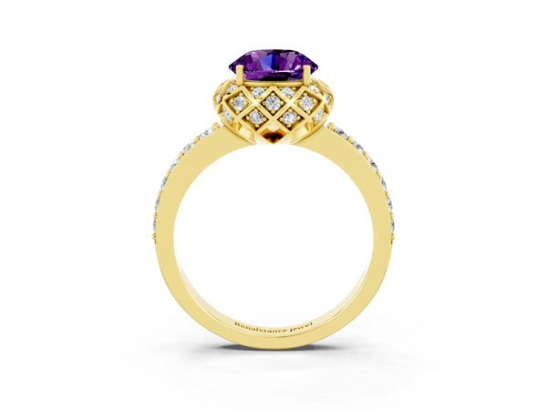Yellow gold Round Cut Amethyst Scalloped Halo Engagement Ring with Round Shared Prong Band